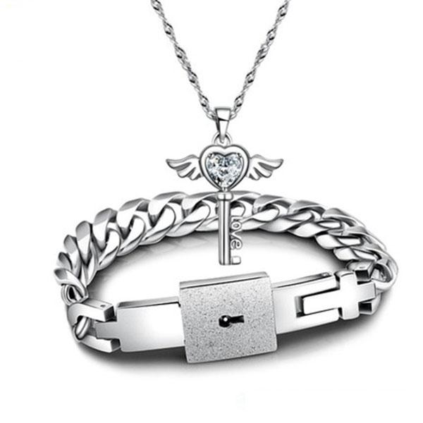 Meaningful Lock and Key Necklace and Bracelet For Couples