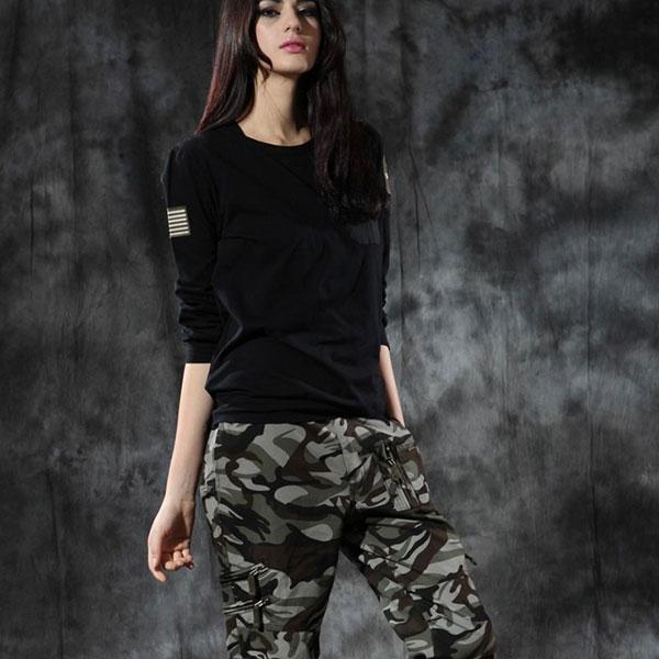 Army Style Long Sleeve Round Neckline Women Shirt