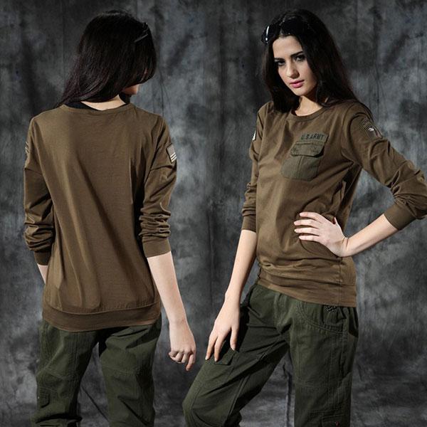 Army Style Long Sleeve Round Neckline Women Shirt