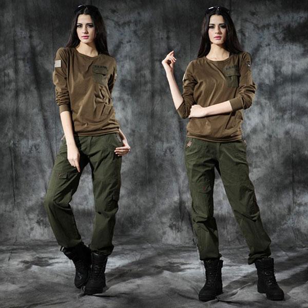 Army Style Long Sleeve Round Neckline Women Shirt